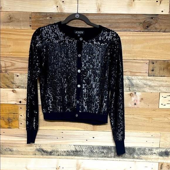 J. Crew size XS Black Sequin Crewneck Stretchy Button-Down Cardigan - Picture 1 of 8